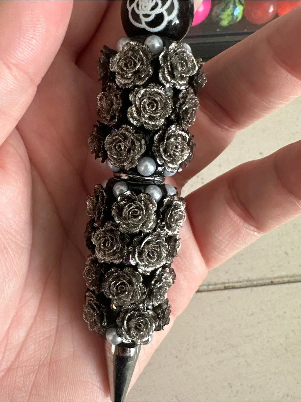 Black & Silver Floral Beaded Pen
